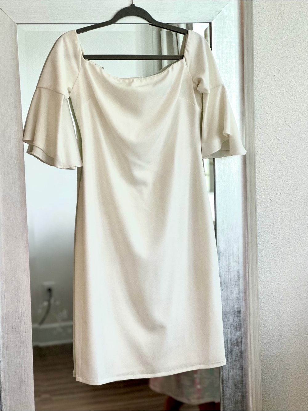 Laundry By Shelli Segal off-white Off-Shoulder Midi Dress with Flounce Sleeves
